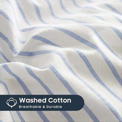 Wake In Cloud - Striped Cotton Duvet Cover Set, Ticking Stripe Vertical Pinstripe Farmhouse, 100% Washed Cotton Textured Bedding Set, 3 Pieces, Blue White, Full Size - color: Blue White, size: Full