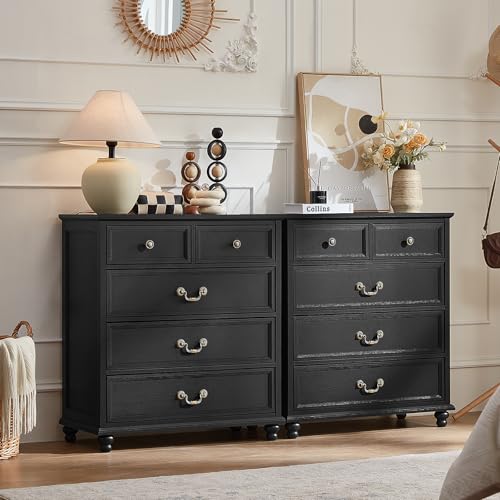 Joaxswe Farmhouse 5 Drawer Dresser Set of 2 for Bedroom, 35" Tall Rustic Chests of Drawers w/ 4 Solid Wood Feet, Mid Century Vintage Wooden Closet Storage Dressers Organizer for Living Room,Black - color: Black, size: 15.7"D x 31.5"W x 35.2"H (5 Drawers)