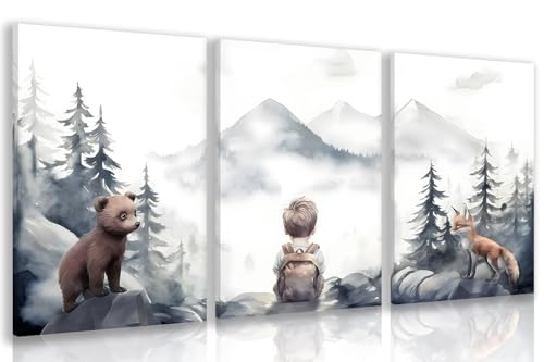 Cyebmo Framed Woodland Boy Nursery Wall Art Set of 3, Whimsical Boy Adventure Wall Decor, Mountain Forest Animal Bear Fox Wrapped Canvas Artwork for Classroom Kids Room Baby Nursery 12"x16"x3 - color: Boy, size: 16"L x 12"W