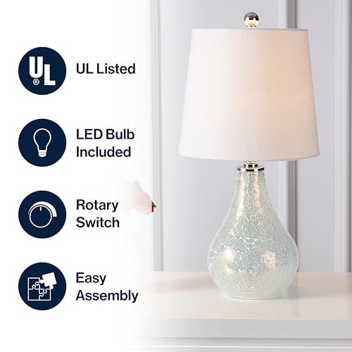JONATHAN Y Mona Coastal Mini LED Table Lamp 20" Bedside, Mosaic White | Linen Tapered Drum Shade, Glass Body, On-Off Rotary Switch, LED Bulb Included - color: White