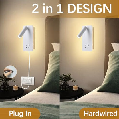 MOLUOLA LED Wall Lamp Wall Mounted Reading Lights Set of 2, Adjustable Headboard Plug in Wall Sconce with USB C+A Ports, Headboard Bedside Lamp with 9W+3W Night Light 3000K (White) - color: White, size: 2 Pack