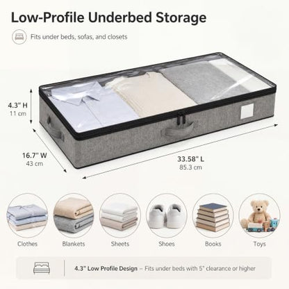 Under Bed Storage Containers 4 Pack Reinforced Underbed Organizer Box | Reinforced Sidewalls and Bottom, Low-Profile Design Below 4.5in, for Clothes and Linens, Under-Bed Storage