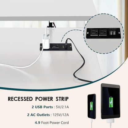 DlandHome 39" Computer Desk with Power Outlets & LED Lights, White, Bedroom | Folding Desk with Monitor Stand, Writing Study Table Gaming Desk, Metal Frame, Fully Assembled, Home Office Small Spaces - color: White + White, size: 39 Inches + Outlets