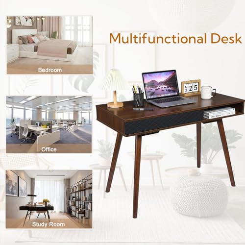 42.5 Inch Small Home Office Desk with Drawers, Mid Century Modern Minimalist Writing Desk, Slim Wood Computer Table with Storage for Apartments, Dorms, Easy to Assemble, Walnut