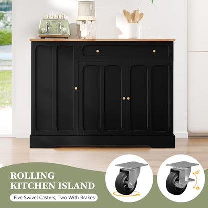 HLR Kitchen Island with Drop Leaf & Storage, Solid Rubber Wood Top Rolling Kitchen Cart with Carved Recessed Panel Doors, Large Mobile Island Table on Wheels for Kitchen, Dining Room (Black) - color: Black