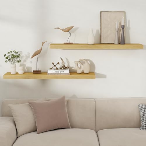 Fun Memories Floating Shelves for Wall, 40 Inch Long Set of 2 Rustic Wood Wall Shelves with Invisible Brackets, Heavy Duty Storage Display for Living Room Bedroom Kitchen, Oak - color: Oak, size: 40"W x 8"D, Set of 2
