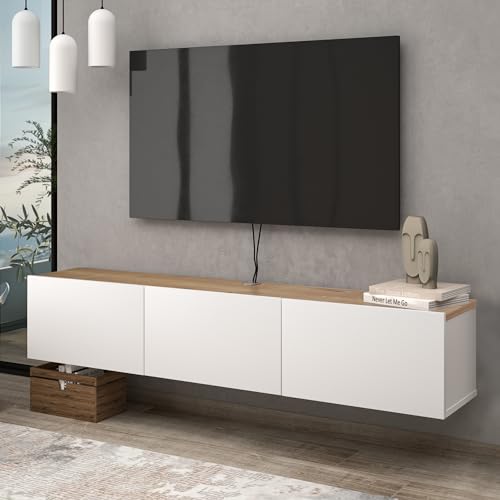 Atelier Mobili Floating TV Stand - Wall Mounted, Supports up to 80 inch TV, Modern White Entertainment Center for Living Room, White Floating TV Stand with Oak Counter Design - color: White & Sapphire Oak