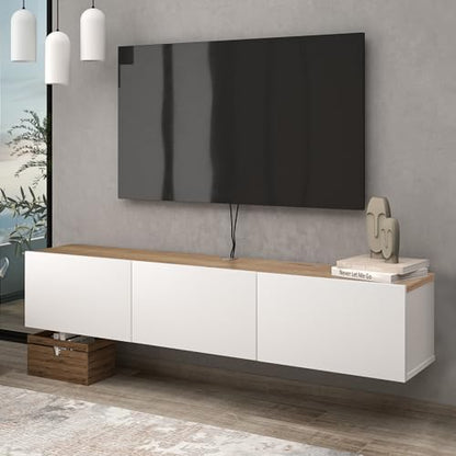Atelier Mobili Floating TV Stand - Wall Mounted, Supports up to 80 inch TV, Modern White Entertainment Center for Living Room, White Floating TV Stand with Oak Counter Design - color: White & Sapphire Oak