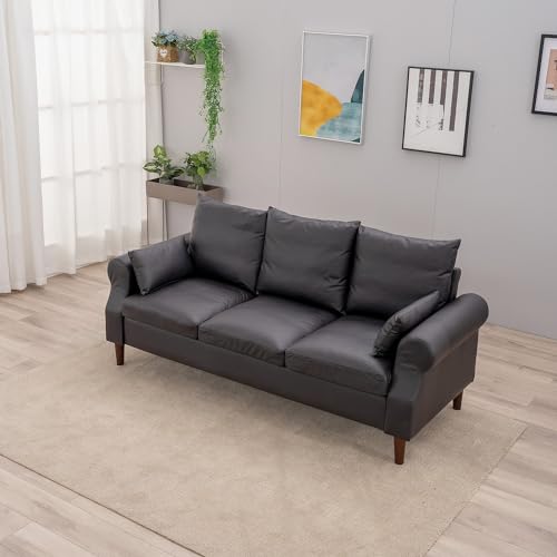 Panana 3 Seater Sofas Rolled Arms Design Couch Solid Wood Legs Settee for Living Room (Black Leathaire, 3 Seater) - color: Black Leather Look Fabric, size: 3 seater