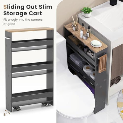 MAT EXPERT Slim Rolling Storage Cart, 4-Tier Freestanding Slim Storage Cart with Wheels 360 Degree & Metal Handle, Wooden Utility Cart for Narrow Kitchen, Laundry Room, Bathroom (Grey + Natural) - color: Grey + Natural