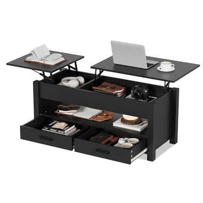 Multifunctional Lift Top Coffee Table, Convertible Wooden Coffee Table with 2 Drawers & Hidden Compartment, Storage Center Table for Living Room Home Office,Black - color: Black