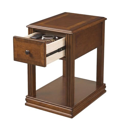 Signature Design by Ashley Breegin Narrow Chairside End Table | Rich dark brown wood veneers, Deep storage drawer with removable PVC tray, Compact 13-inch width fits tight spaces - color: Medium Brown