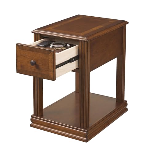 Signature Design by Ashley Breegin Narrow Chairside End Table | Rich dark brown wood veneers, Deep storage drawer with removable PVC tray, Compact 13-inch width fits tight spaces - color: Medium Brown