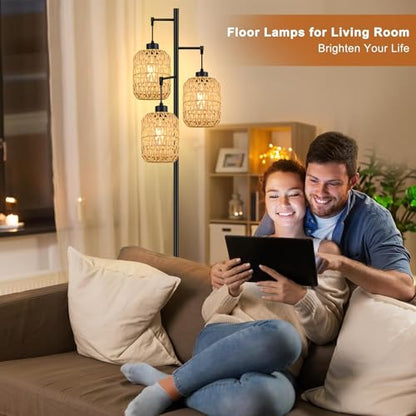 QIYIZM Floor Lamp for Living Room,Bedroom,Boho Rattan Tree 3 Lights Farmhouse Floor Lights,Industrial Black Standing Lamp Wicker Rustic Tall Lamp,Woven Bamboo LampShade Floor Lamps Bohemian - size: Floor Lamp--17