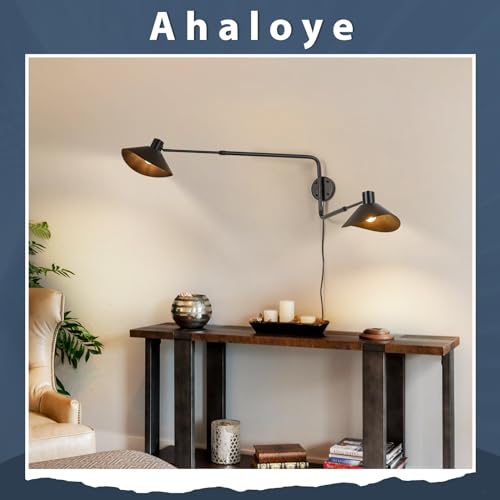 Big 2-Light Plug in Wall Sconce, Adjustable Swing Arms Wall Light Fixture for Living Room Bedroom Bedside Wall Light Adjustable Swivel Arms Length 22” to 58” - color: A-Black