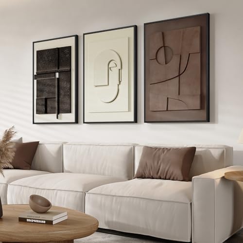 3D Textured Framed Abstract Wall Art, 3 Piece Modern Paintings Artwork for Walls, Black White Brown Geometric Sandstone Texture Pictures for Living Room Dining Room Bedroom Office Wall Decor 16x24 In | Texture Paintings, Minimalist Neutral Black White Bro