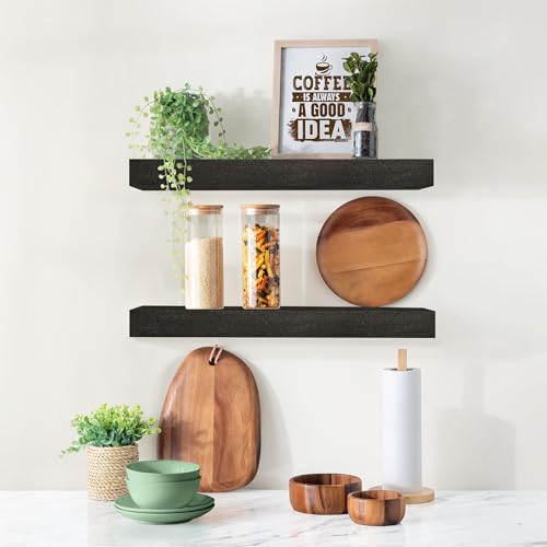 Sorbus 16" Solid Wood Floating Shelves - Set of 2 Black Wall Mounted Kitchen Shelves - Durable Pine Wood - color: Black, size: 16"