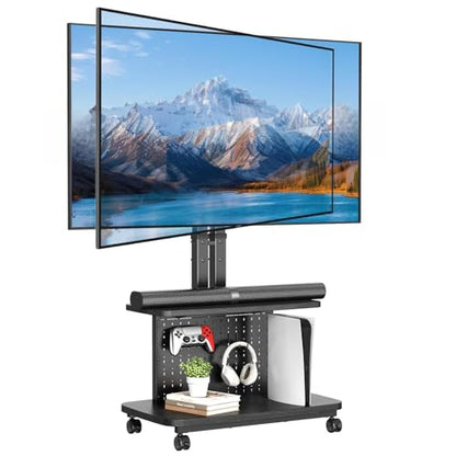 Mobile TV Cart on Wheels,Height Adjustable Rolling TV Stand for 32-85 inch TVs,with 5-Level Lift,35° Swivel,Portable Media Cart for Office,Outdoor | Height Adjustablewith 5-Level Lift,35° Swivel,Dual Shelves & Pegboard Storage,Portable Media Cart for Home