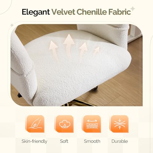 VINGLI Modern Curved Office & Vanity Desk Chair, Cute Upholstered Nail Chair with Wheels & 360° Swivel & Club & Tilting & Gold Base, for Bedroom, Living Room, Makeup, Velvet Chenille, White - color: White
