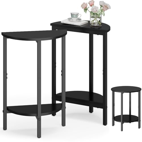 Side Table, Small End Table, Set of 2 Half Round Side Table for Living Room, 2 Tier Couch Side Tables, Small Round Coffee Table, Thin Accent Sofa Table Narrow Entryway Table, Black - color: Black