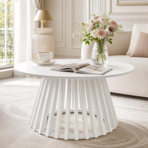 HNY White Round Coffee Table, Wood 31.5" Center Table for Living Room | Modern Mid Century Circle Coffee Table with Fluted Base for Outdoor Patio, Home Small Space, Bedroom, Apartment, Studio - color: White