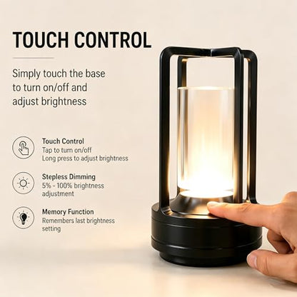 Rechargeable Crystal Table Lamp, 3-Color Touch LED, Black | Black metal crystal lantern, 3-color touch dimming, USB-C rechargeable, compact 7.1 in accent light for patio table - style: black-1
