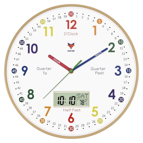 Foxtop Digital and Analog Learning Clock for Kids - Telling Time Teaching Clock 12 Inch Silent Non-Ticking Battery Operated Kids Wall Clock for Playroom Nursery Classroom School - color: Wood Color, size: 12 Inch