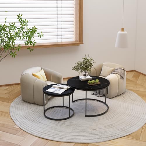 KEIKI Nesting Coffee Table Set of 2, Round Industrial End Tables with Wood Grain MDF Top and Black Metal Frame, Space Saving Small Side Table Set for Living Room Bedroom Balcony, Easy Assembly, Black
