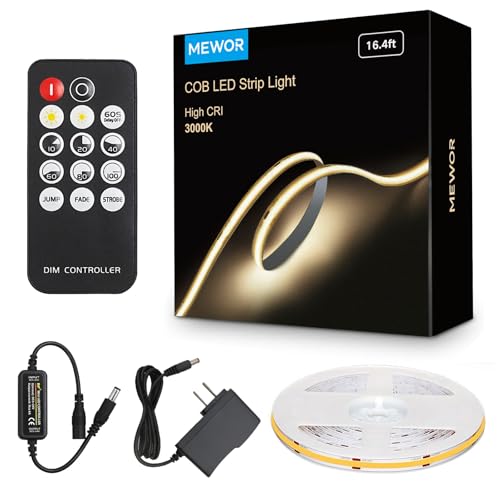 COB LED Strip Light with Remote, 16.4ft, 3000K Dimmable, Warm White LED Lights for Mirror, Under Bed, Stair, Cabinet, TV Backlight, Cuttable LED Light Strip - color: 3000K-Warm White