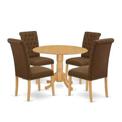East West Furniture DLBR5-OAK-18 5 Piece Dining Room Table Set Includes a Round Dining Table with Dropleaf and 4 Brown Linen Linen Fabric Upholstered Parson Chairs, 42x42 Inch, Oak - color: Dlbr5-oak-18