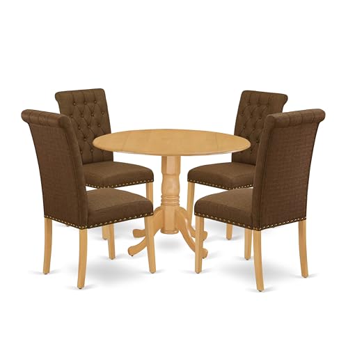 East West Furniture DLBR5-OAK-18 5 Piece Dining Room Table Set Includes a Round Dining Table with Dropleaf and 4 Brown Linen Linen Fabric Upholstered Parson Chairs, 42x42 Inch, Oak - color: Dlbr5-oak-18