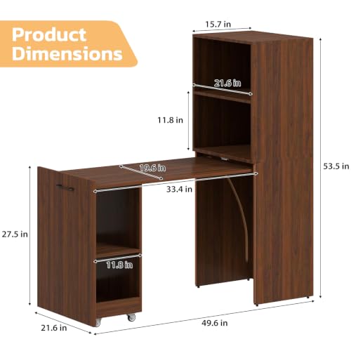 Zevemomo Folding Desk, Convertible Table with Shelves & Wheels - Walnut | Folding Desk with Storage, Craft Cabinet with Fold Out Table, Compact Computer Desk for Small Space, Reversible L Shaped Desk - color: Walnut
