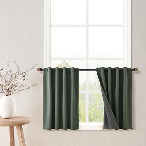 100% Blackout Kitchen Linen Curtains Back Tab Pleated Short Drape 24 Inch Length Privacy Elegant Mini Cafe Curtain for Rustic Farmhouse Sound Proof Bedroom Small Window Olive Green 26x24 - color: Olive Green, size: 26"W x 24"L (Pack of 2)