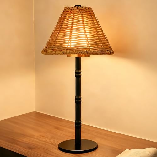 Mr.White Rechargeable Cordless Table Lamp with Wicker Shade, 5200mAh Battery Operated Portable Table Light with Touch Control, for Patio Restaurant Kitchen Dinner (Black) - color: Black+Wicker Lampshade