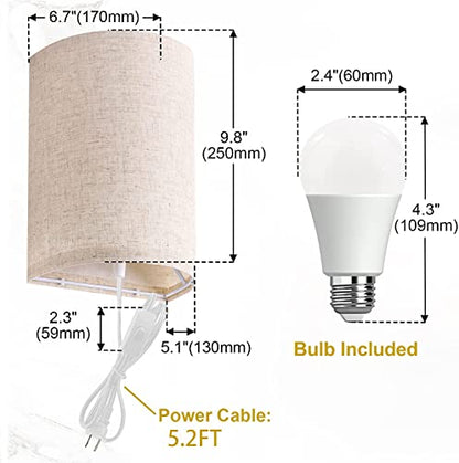AVV Wall Sconces Set of Two, Wall Lamp Plug in with On/Off Switch, 2700K 4000K 5000K Selectable, Wall Lights for Bedroom, Living Room, Wall Decor for Bedroom, Fabric Linen Lamp Shades