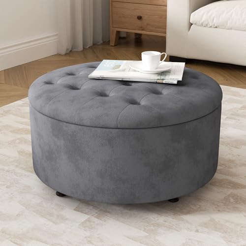 30 Inch Round Storage Ottoman,Modern Tufted Ottomans,Circular Coffee Table with Removable Top,Upholstered Large Ottoman with Storage Footrest Stool for Bedroom Living Room (Grey) - color: Grey, size: 30"D x 30"W x 16.9"H