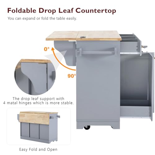 59.3" Rolling Kitchen Island with Trash Can Storage, Mobile Kitchen Storage Island with Drop Leaf, Power Outlet, Pull Out Cabinet Organizer (Greyblue) - color: Greyblue