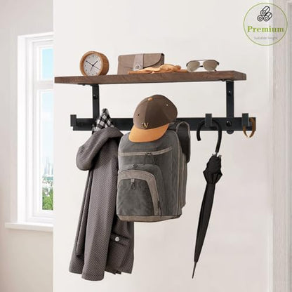 Coat Rack Wall Mounted with Shelf, Heavy Duty Wall Hooks with Wood Shelves Coat Hooks for Hanging Clothes Hats Towel Purse, Entryway Shelves with 6 Hooks for Bathroom (Dark Brown)