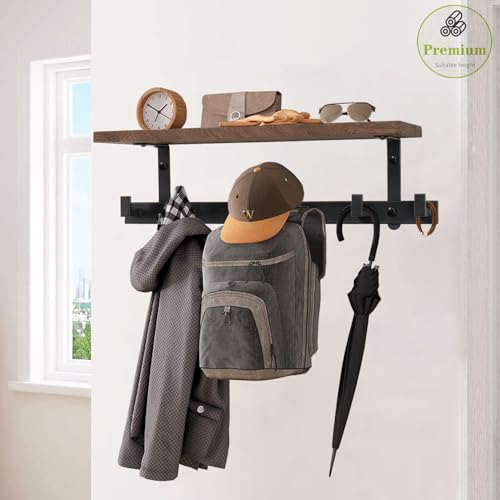 Coat Rack Wall Mounted with Shelf, Heavy Duty Wall Hooks with Wood Shelves Coat Hooks for Hanging Clothes Hats Towel Purse, Entryway Shelves with 6 Hooks for Bathroom (Dark Brown)