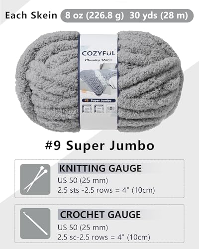 Cozyful Chunky Yarn for Hand Knitting, #9 Thick Jumbo Big Chunky Yarn for Crocheting, Super Chunky Knit Blanket Yarns, Large Chunky Chenille Yarns, 8 Pack (30 yds 8 oz Each Skein), Light Grey - color: Light Grey