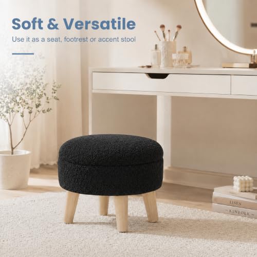 Simple Deluxe 13" Round Storage Ottoman with Wooden Legs & Dual-Use Tray Lid, Fluffy Teddy Boucle Ottoman Footstool for Bedroom, Living Room & Vanity, Black - color: Black