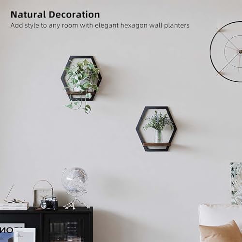 2 Pack Walnut Color Solid Wood & Metal Framework Wall Plant Stands,9 inch Natural Wood Shelf of Indoor,Mid Century Modern Hanging Planter for Outdoor Entryway 25 LB Load for Plants Black - color: 2 Pack Black-a