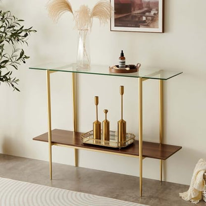 LumFurn Glass Console Table for Living Room, Foyer & Entrance, 2-Tiers Mid-Century Modern Sofa Table with Clear Glass Top, Walnut Finish Wood Top and Gold Finish Metal Frame - color: L40.9" Clear & Walnut