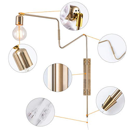 Industrial Brass Plug in Swing Arm Wall Sconces, Set of 2 | Modern Adjustable Rotatable Bedside Lamp Over Bed Wall Mount Lighting Fixturefor Bedroom, Living Room& Nightstand - color: D-Gold-2 Pack