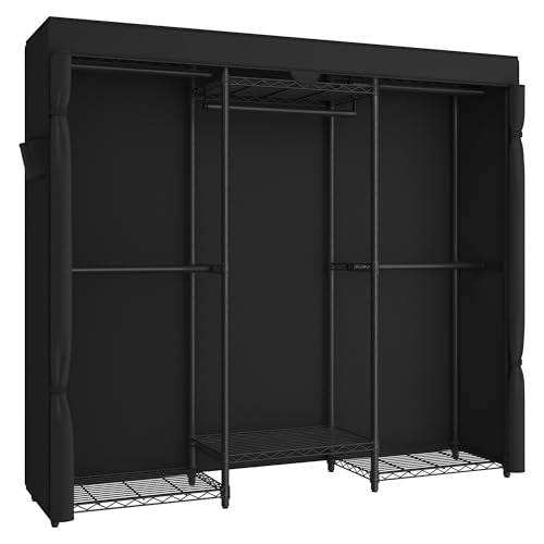 SONGMICS Heavy-Duty Clothes Rack, Garment Rack, Portable Closet, 68.7-Inch Wide Clothing Rack with Adjustable Mesh Shelves and Hanging Rails, Ink Black ULGR435B01 - color: Ink Black, size: 68.7"L x 76"H, style: With Fabric Cover