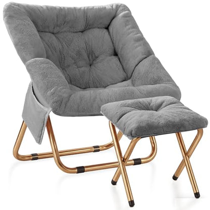 Kasunpul Comfy Saucer Chair, Foldable Living Room Chairs, Soft Faux Fur Lounge Chair for Bedroom, Reading Chairs for Adults, Teens, X-Large (Grey) - color: Grey