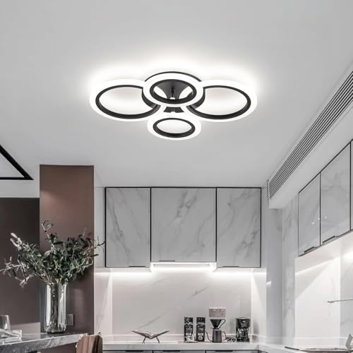 Shine LUEST 34W Modern LED Ceiling Light, 3000K-6000K Dimmable Ceiling Lighting Fixtures Ceiling Mount 4 Rings Black LED Chandelier Bedroom Lights Flush Mount with Remote for Kitchen, 2720LM - color: Black, 4 Rings