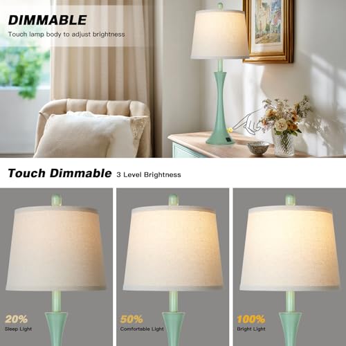 Rinweey Coastal Modern Green Table Lamps Set of 2 for Living Room, 27.5" Tall Bedside Lamp with USB Charging Port,3-Way Dimmable Touch Nightstand Lamp for Bedroom Desk Side Table Office,Green - color: Green(2 Pack)