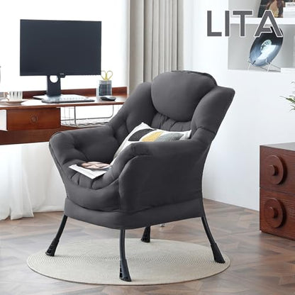 Lazy Chair with Ottoman, Comfy Accent Reading Chair, Dark Grey | Foldable Footrest,Removable Cover,with Armrests and Side Pockets,Upholstered Lounge Chair for Bedroom,Dorm,Office,Small Space - color: Single Dark Grey