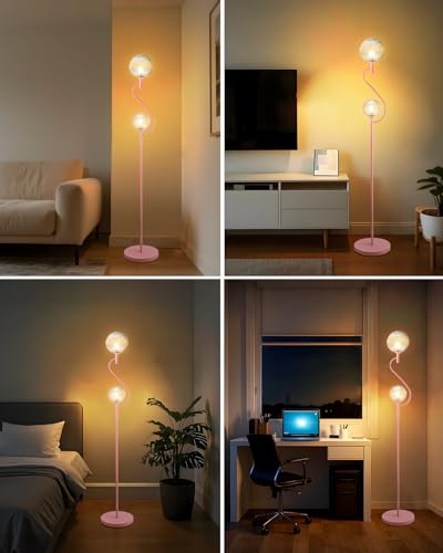 Lightdot Pink Floor Lamp, Mid Century Tall Standing Lamps with Globe Clear Glass Shade Soft Warm White Bulbs Included, Modern Unique Floor Lamp for Living Room/Bedroom/Sofa Beside/Corner Decor - color: 2 Clear Globe-Pink